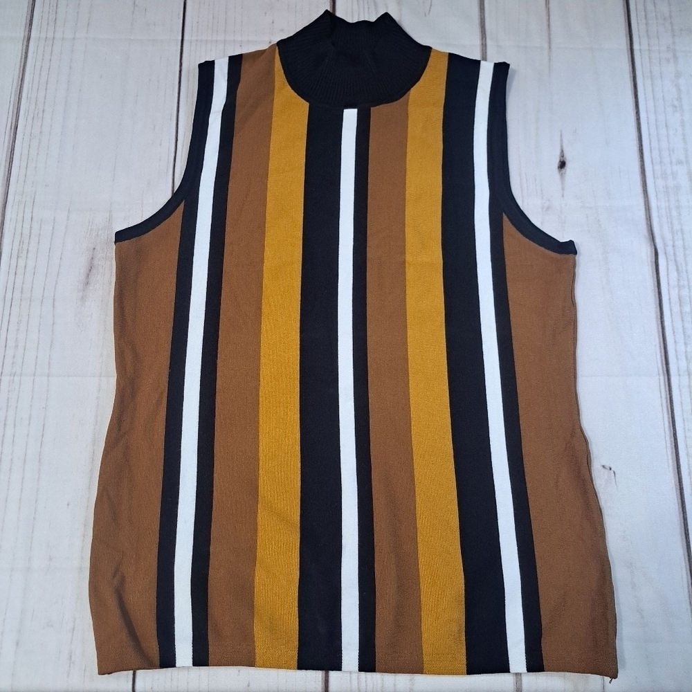 T Tahari Turtleneck Striped Sleeveless Knit Top Size Large